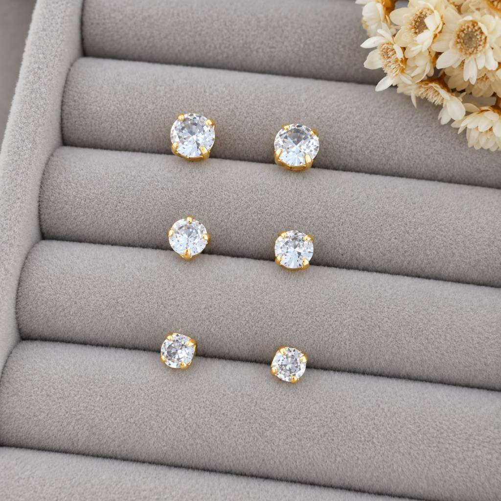 Trio Brincos Ponto de Luz Premium com Zircônias Banhado a Ouro 18K - T 3/4/5 mm - Tarracha Baby