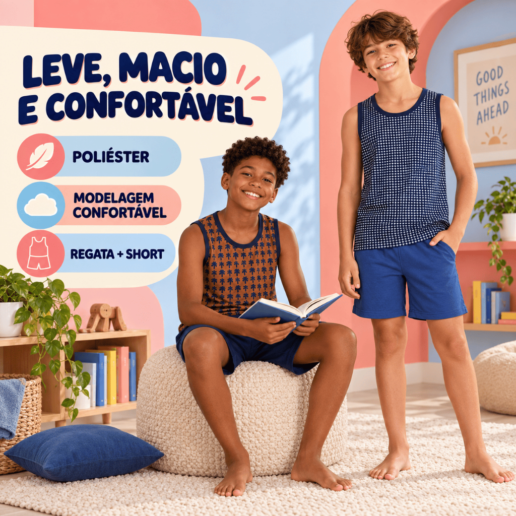 Kit 2 Pijamas Infantis para Menino com Regata, Verão em Poliéster, Estampas Sortidas, Tamanhos 02 a 16 Anos — imagem 2 de 2