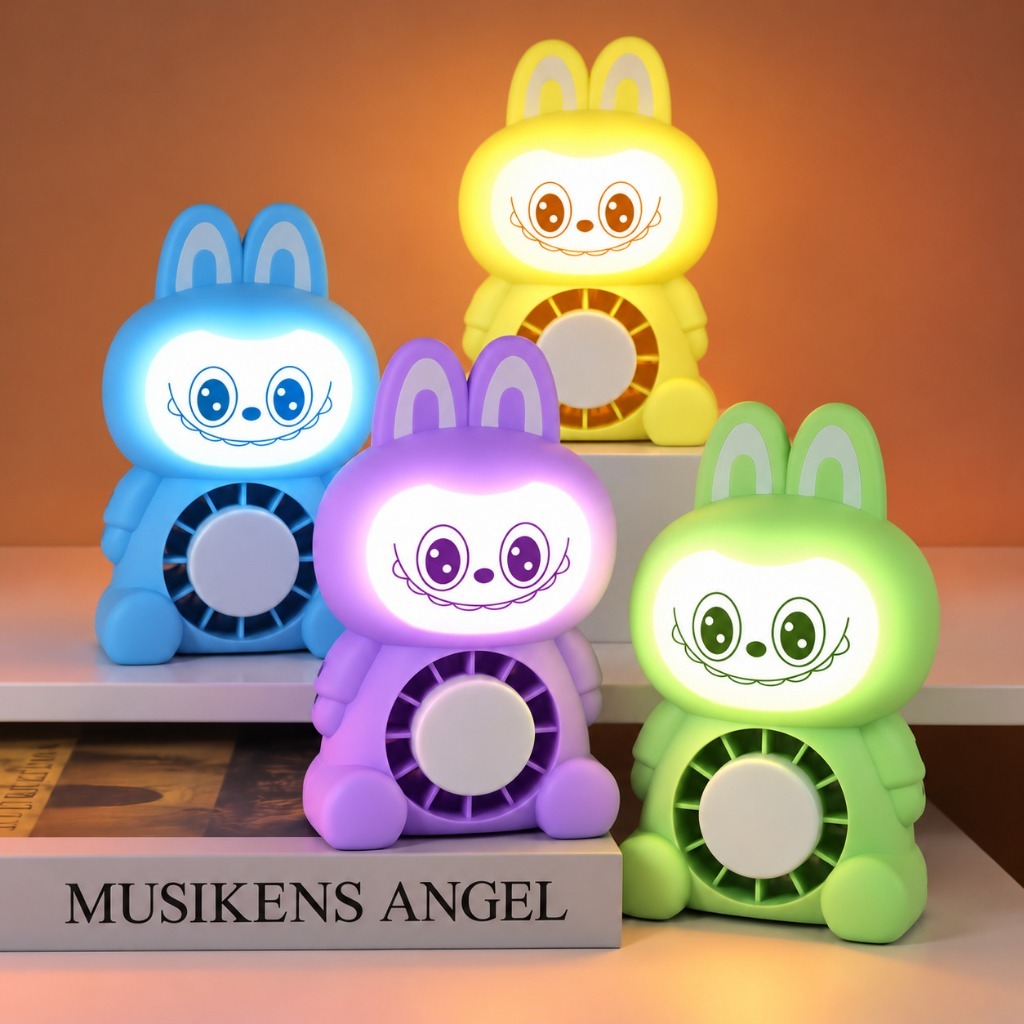 Luminaria LED Labubu Noturna Mini Ventilador 2 Velocidades USB Recarregável Portátil Decorativa Infantil Mesa Quarto