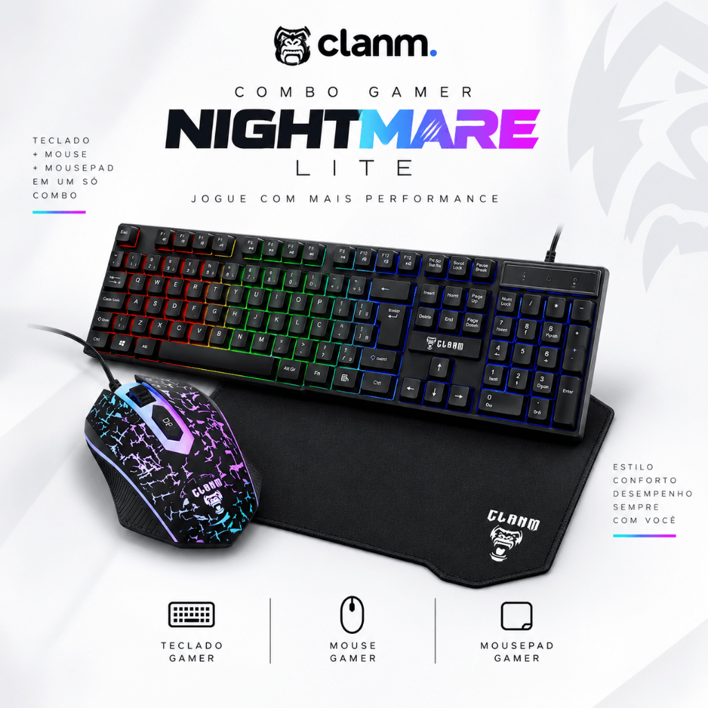 Kit Gamer Mouse Teclado Mousepad Nightmare Lite Clanm Led Rgb Preto