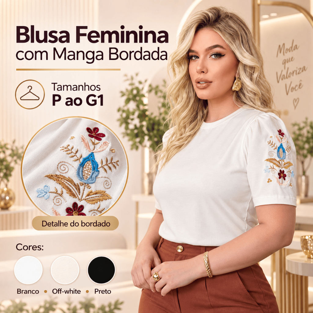 Blusa Feminina Premium Manga Bufante com Bordado – Algodão com Elastano e Gola Redonda