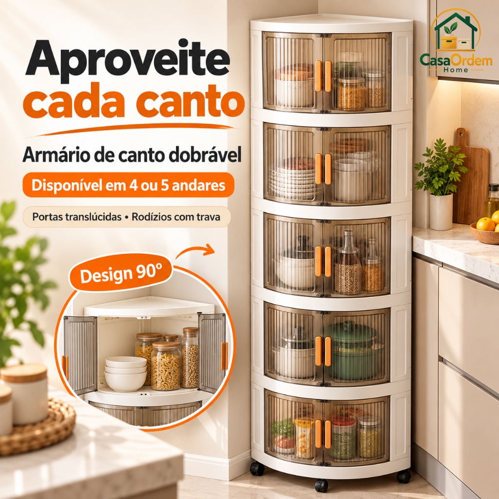 Organizador de Cozinha com Rodinhas Armário de Canto Dobrável 4/5 Andares com Porta Transparente Multiuso