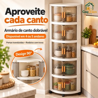 Organizador de Cozinha com Rodinhas Armário de Canto Dobrável 4/5 Andares com Porta Transparente Multiuso