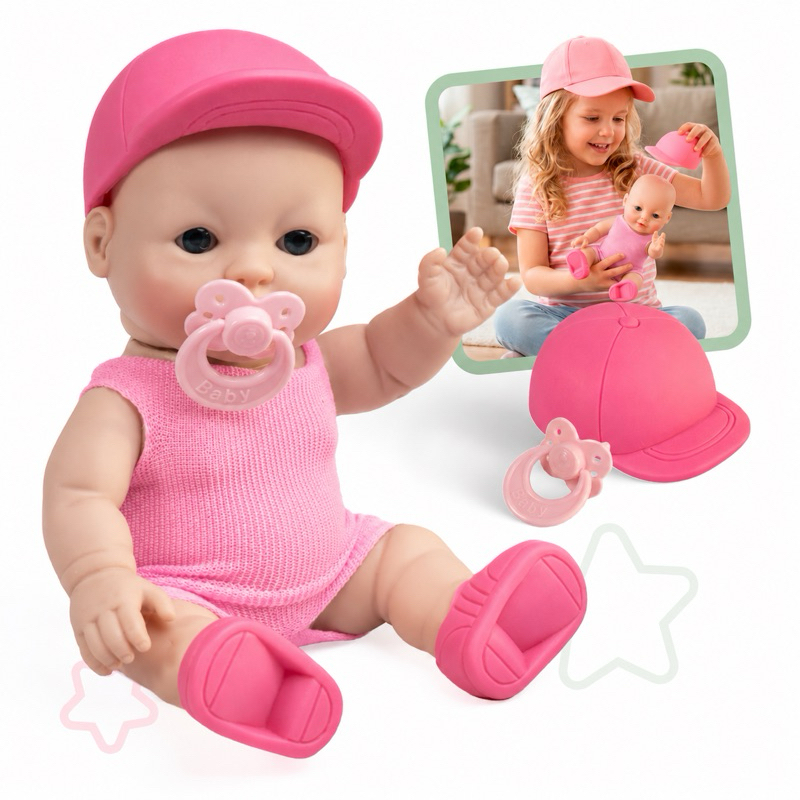 Boneca Bebê Infantil 20cm Rosa com Mini Chupeta | Bonequinha Menina Brinquedo
