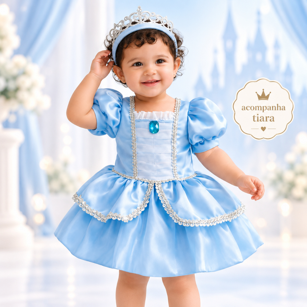Fantasia Vestido princesa Bebê Azul com Tiara cinderela Infantil para Mesversário Festa body Temática