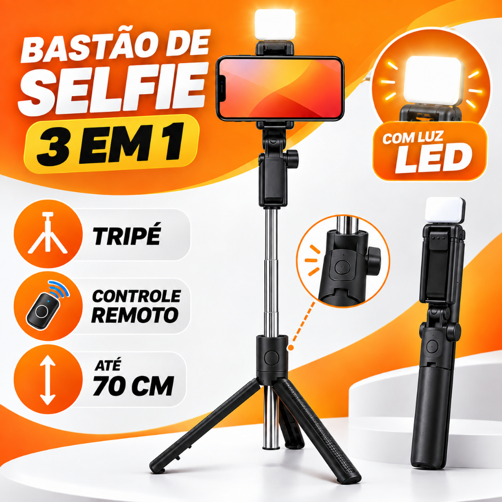 Bastão de Selfie e Tripé com Rotação 360° para Celular com Luz LED e Controle Bluetooth