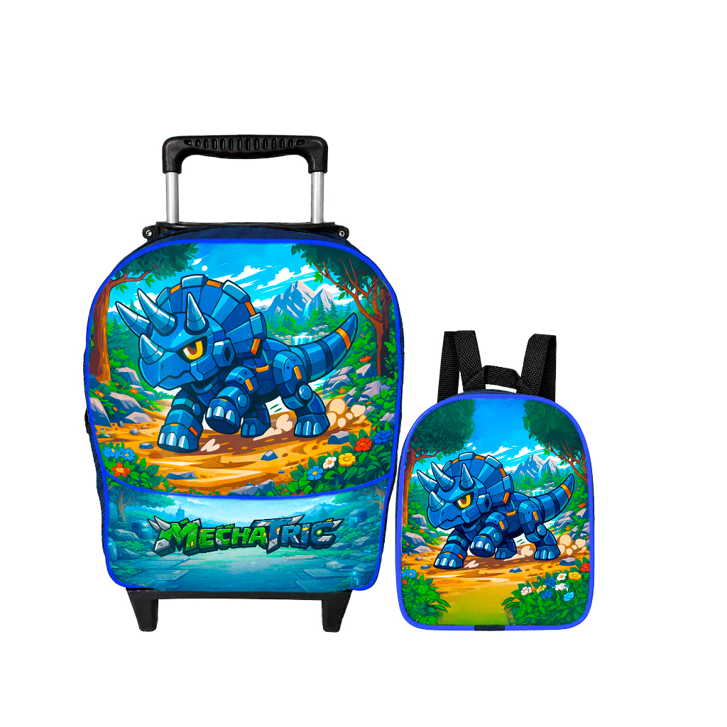 Kit Mochila de Rodinha Escolar Infantil Pequena Menino Dinossauro Mecha Tric com Lancheira Térmica Resistente Reforçada