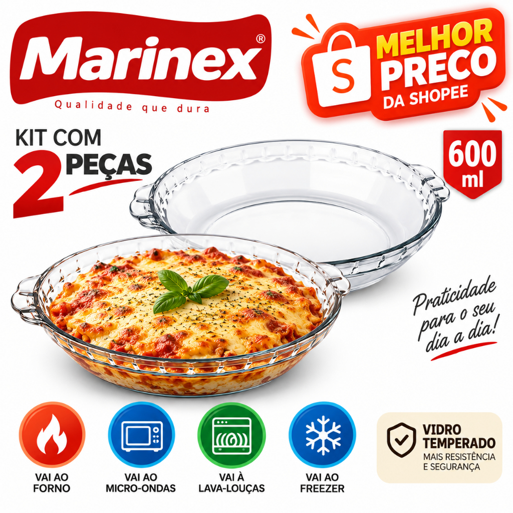 Kit 2 Formas Assadeiras Filetadas 600ml Marinex Nadir Vidro Temperado Redonda Forno Micro-ondas Alça