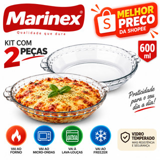 Kit 2 Formas Assadeiras Filetadas 600ml Marinex Nadir Vidro Temperado Redonda Forno Micro-ondas Alça