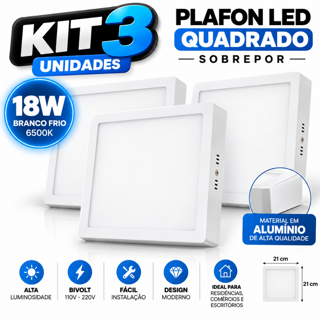 Kit 3 Plafon LED Quadrado 18W Sobrepor Branco Frio 6500K Luminária LED Bivolt