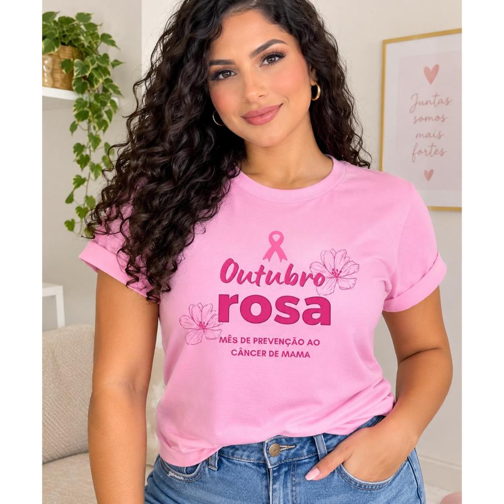 Camiseta Feminina Outubro Rosa Camisa Algodão Prevenção Saúde Câncer De Mama Campanha