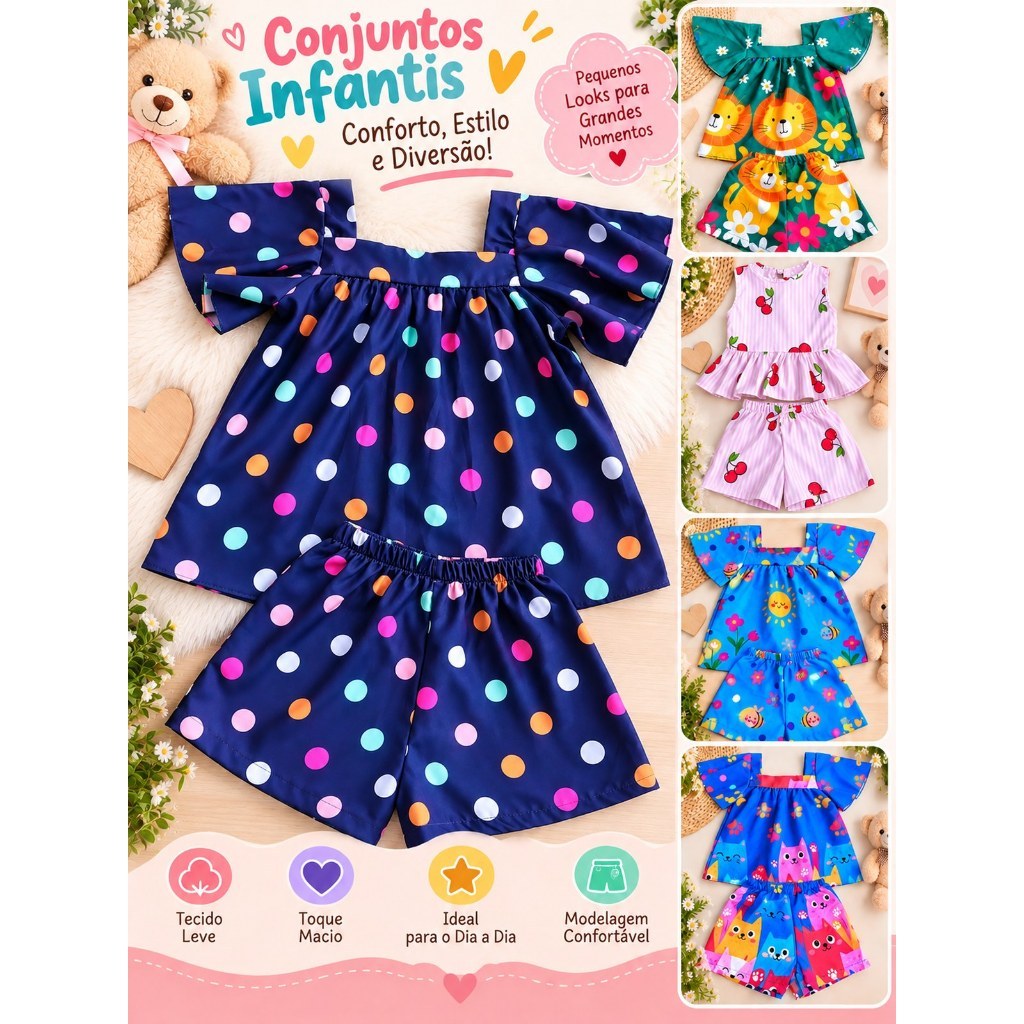 Conjunto Infantil Menina Verão Blusa e Short Estampado Roupa de Menina Confortável Lindo