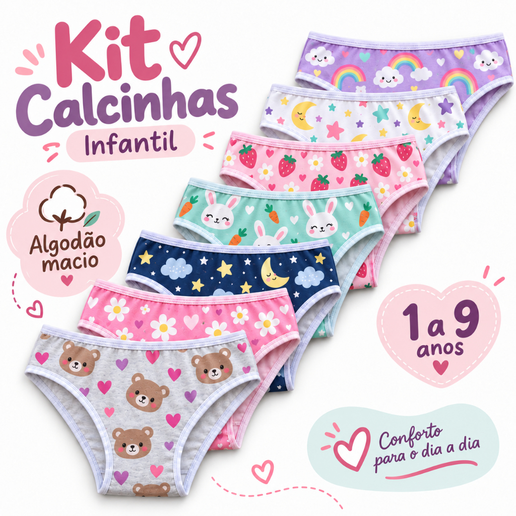 Kit 15 Calcinhas Feminina Infantil Algodão Com Forro de Algodão Estampada Confortável de 1 a 9 anos