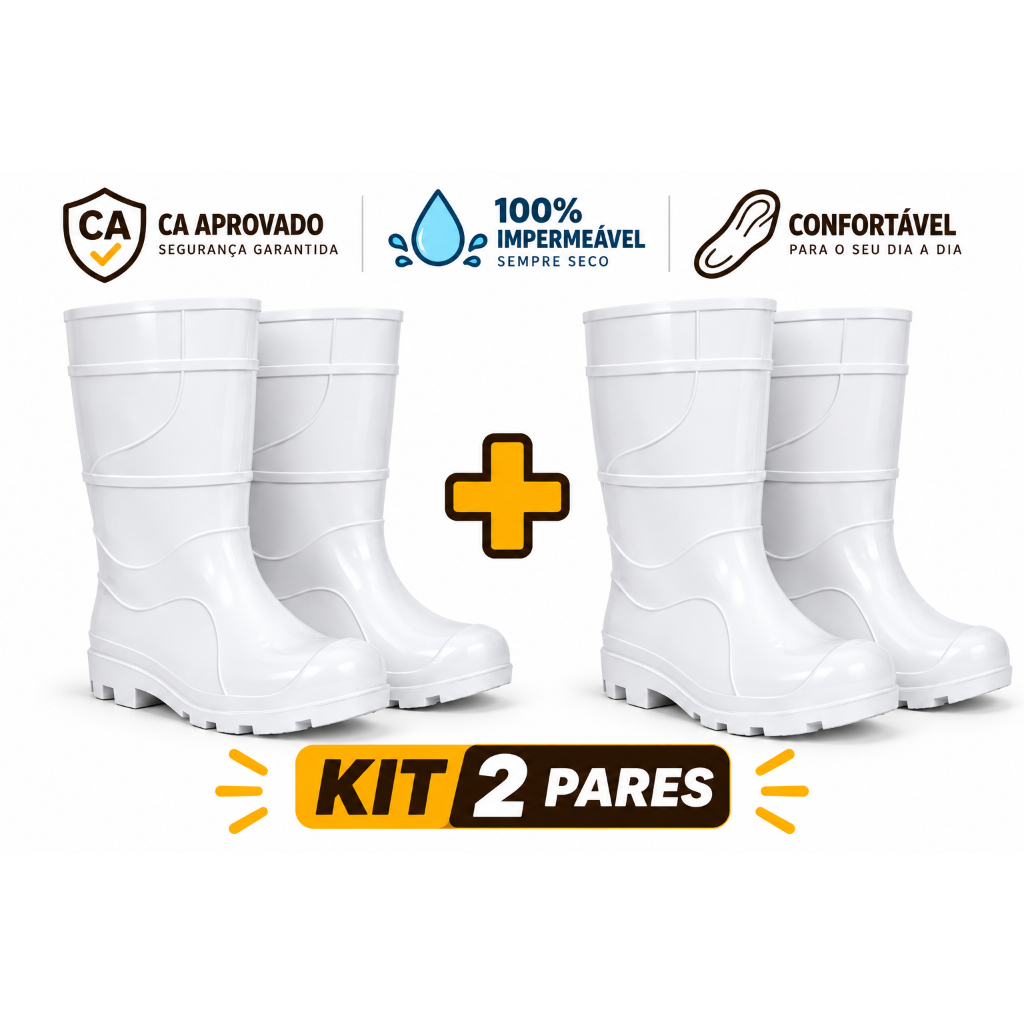 Kit 2  Pares Galocha PVC  Branca Cano Médio Bota Antiderrapante Profissional Impermeável Frigorífico, Limpeza e Indústri