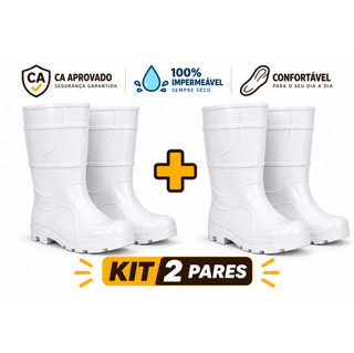 Kit 2  Pares Galocha PVC  Branca Cano Médio Bota Antiderrapante Profissional Impermeável Frigorífico, Limpeza e Indústri