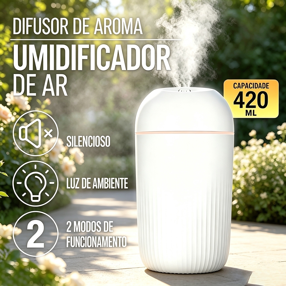 Umidificador De Ar E Aromatizador De Ambiente Purificador Ultrasônico Escritório​ Portátil Led 420ML