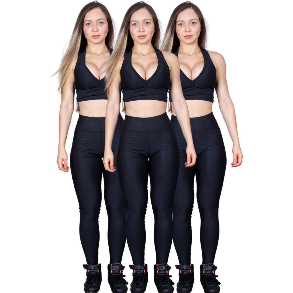 KIT 3 Conjunto Fitness Feminino Top + Calça Legging De Academia Ginástica Suplex Moda Dudis