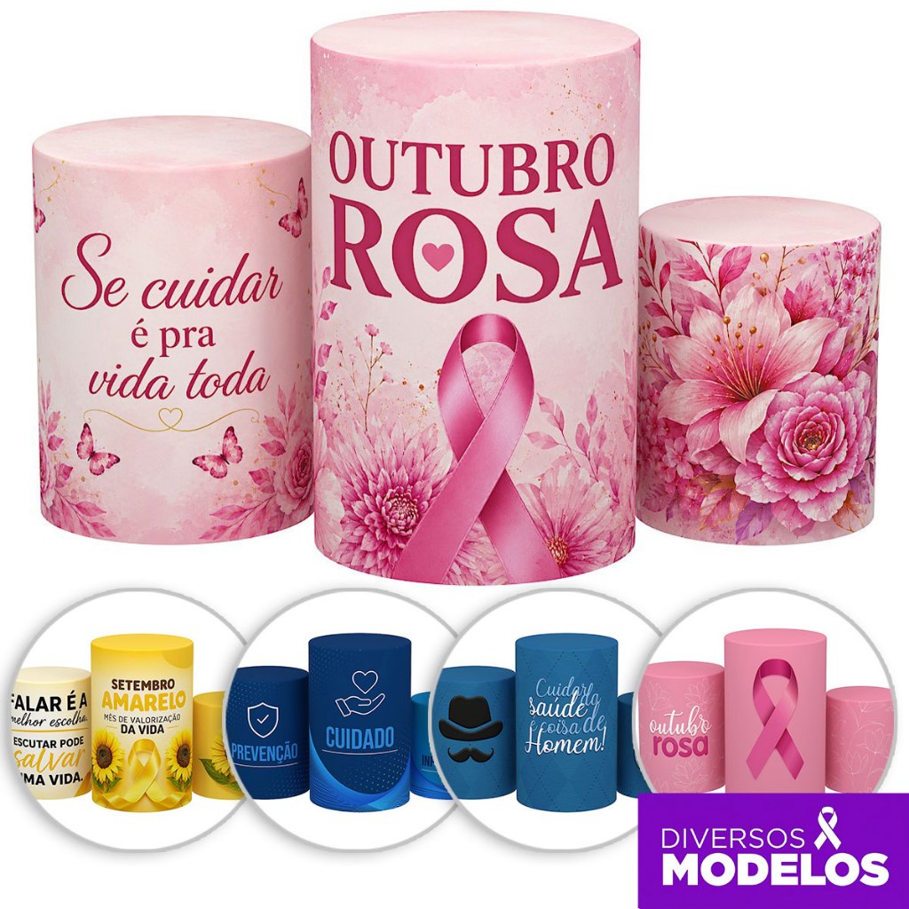 Capa Cilindro Outubro Rosa Decoração Campanha Evento Conscientização Em Tecido Sublimado