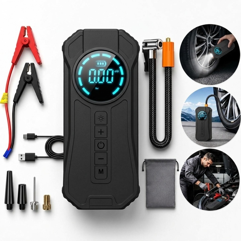 Kit Portátil Auxiliar de Partida Veicular e Compressor de Ar Bomba encher Pneu Powerbank bateria chupeta para carros