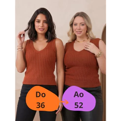 Regata Tricô Canelado Gola V Feminina Básica Plus Size Moda Primavera Verão