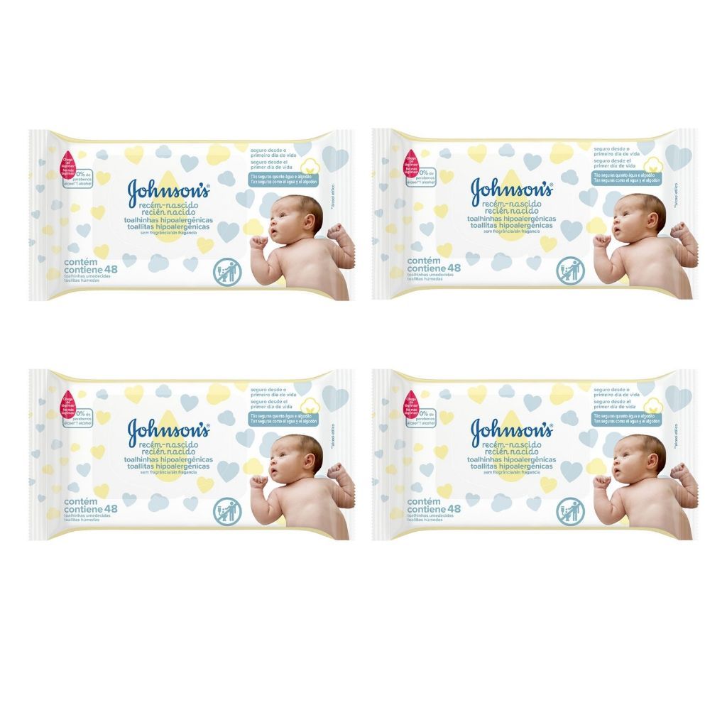 Kit com 4 Lenços Umedecidos Johnson's Baby Recém-Nascido Sem Fragrância com 48 unidades cada