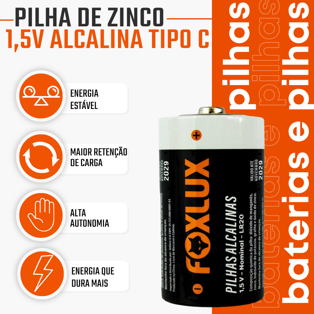 Pilha Alcalina C Média Foxlux 1,5V LR14 Kit com 2