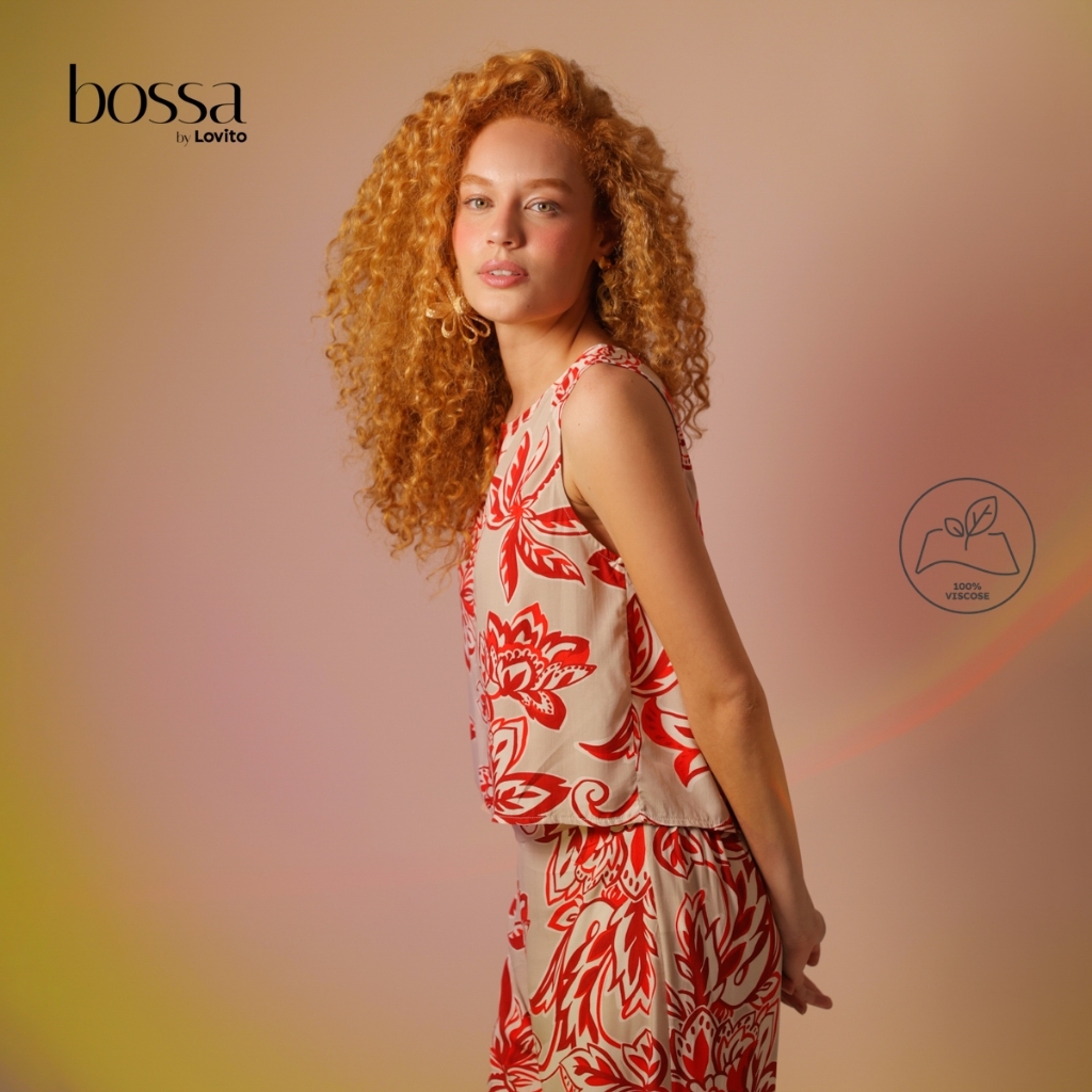 Lovito Bossa I Regata Feminina em Viscose Estampa Folhagens Com Abertura Nas Costas TKB1218BRL1248