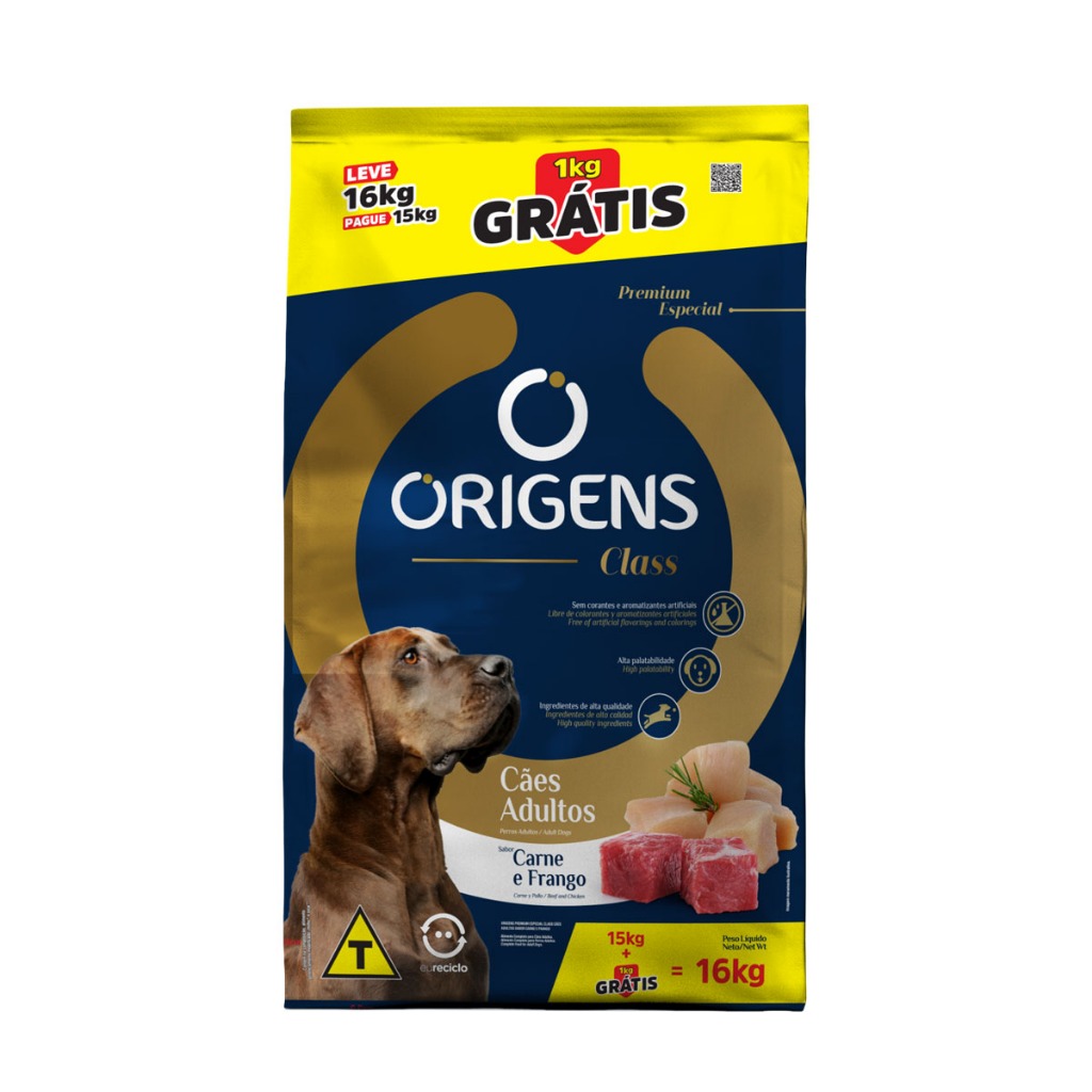 Ração Origens Class Cães Adultos Carne e Frango 16kg
