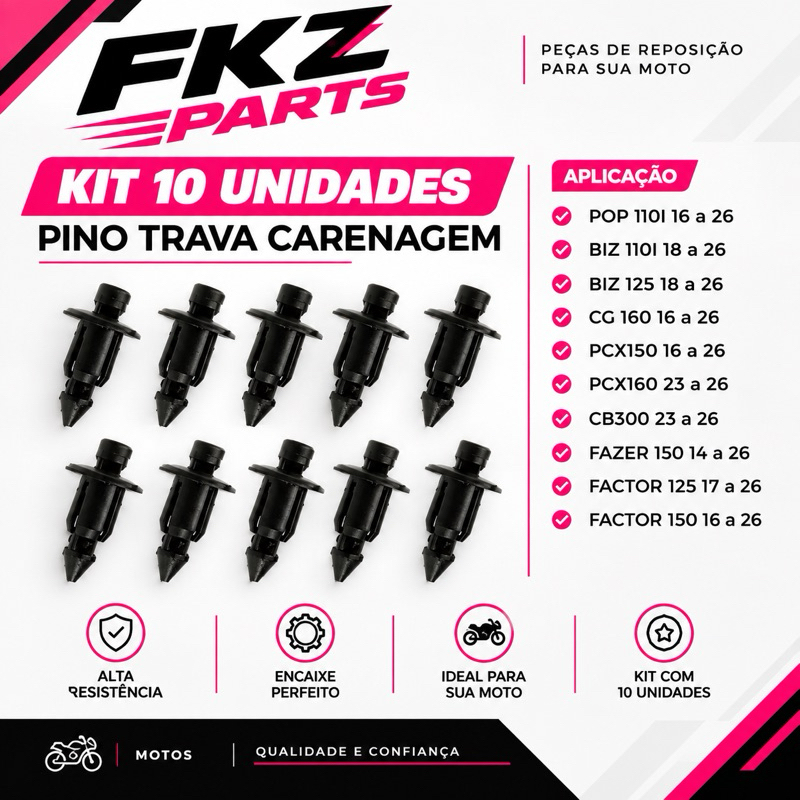 10 Trava 6mm Presilha Fixar Carenagem e Rabeta Pop/Biz/CG160/PCX/CB300/Fazer/Factor/ Pino Pequena Preta