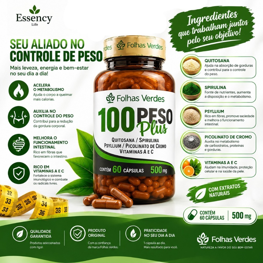 60 Cápsulas Quitosana + Spirulina + Psyllium + Picolinato de Cromo + Vitaminas A e C
