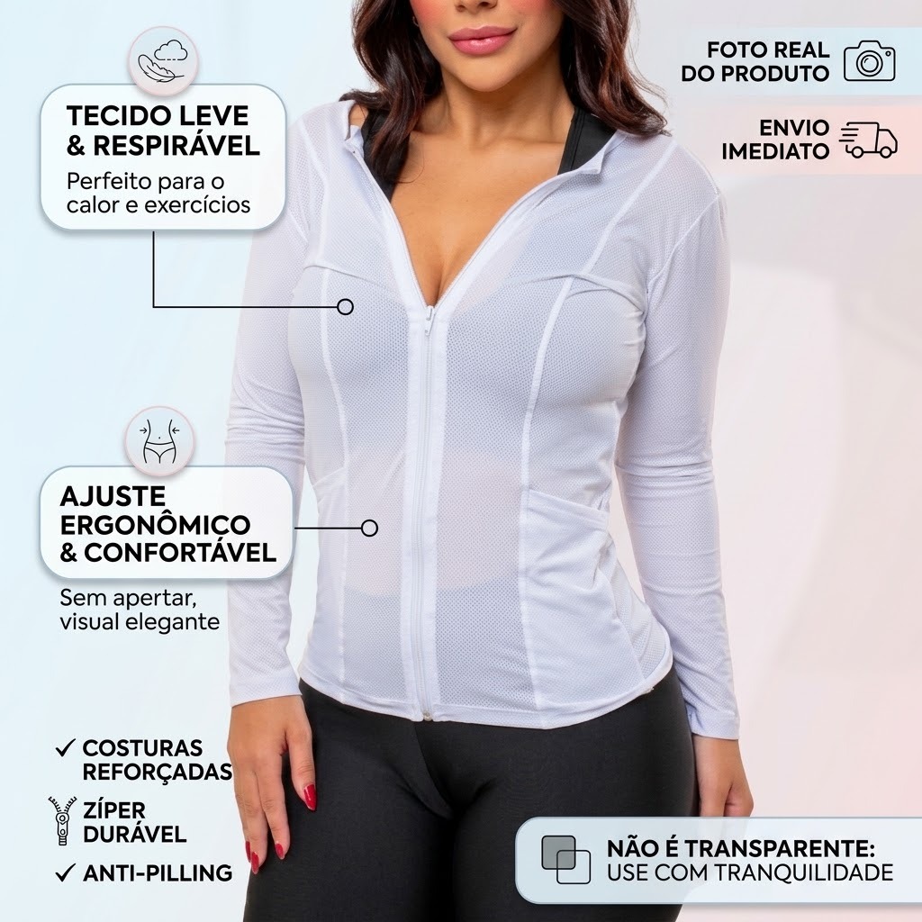 Jaqueta Fitness Feminina Manga Longa Zíper Trecho Proteção UV Térmica Dry Fit Academia Corrida Casual Confortável