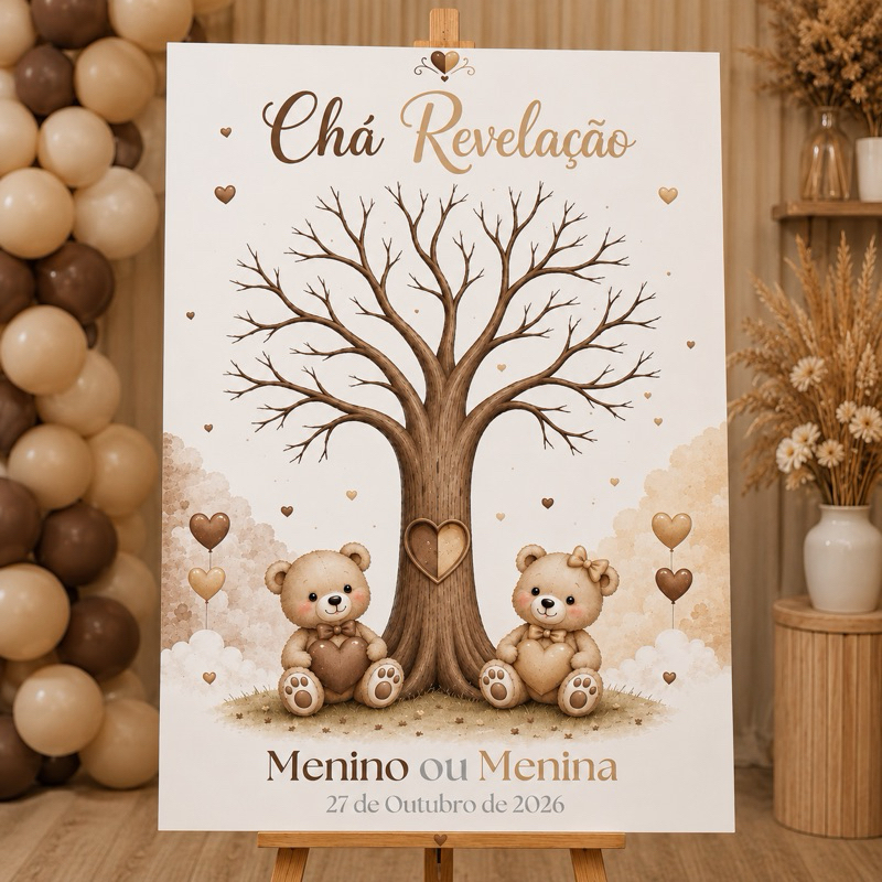 Quadro Pra Chá Revelação Placa Decorativa Árvore Digitais Personalizado Ursinhos Todas As Cores Menino Ou Menina