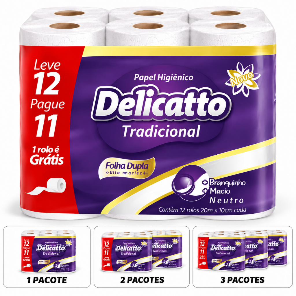 Papel Higiênico Delicatto 20m Folha Dupla 12 Rolos Leve 12 Pague 11