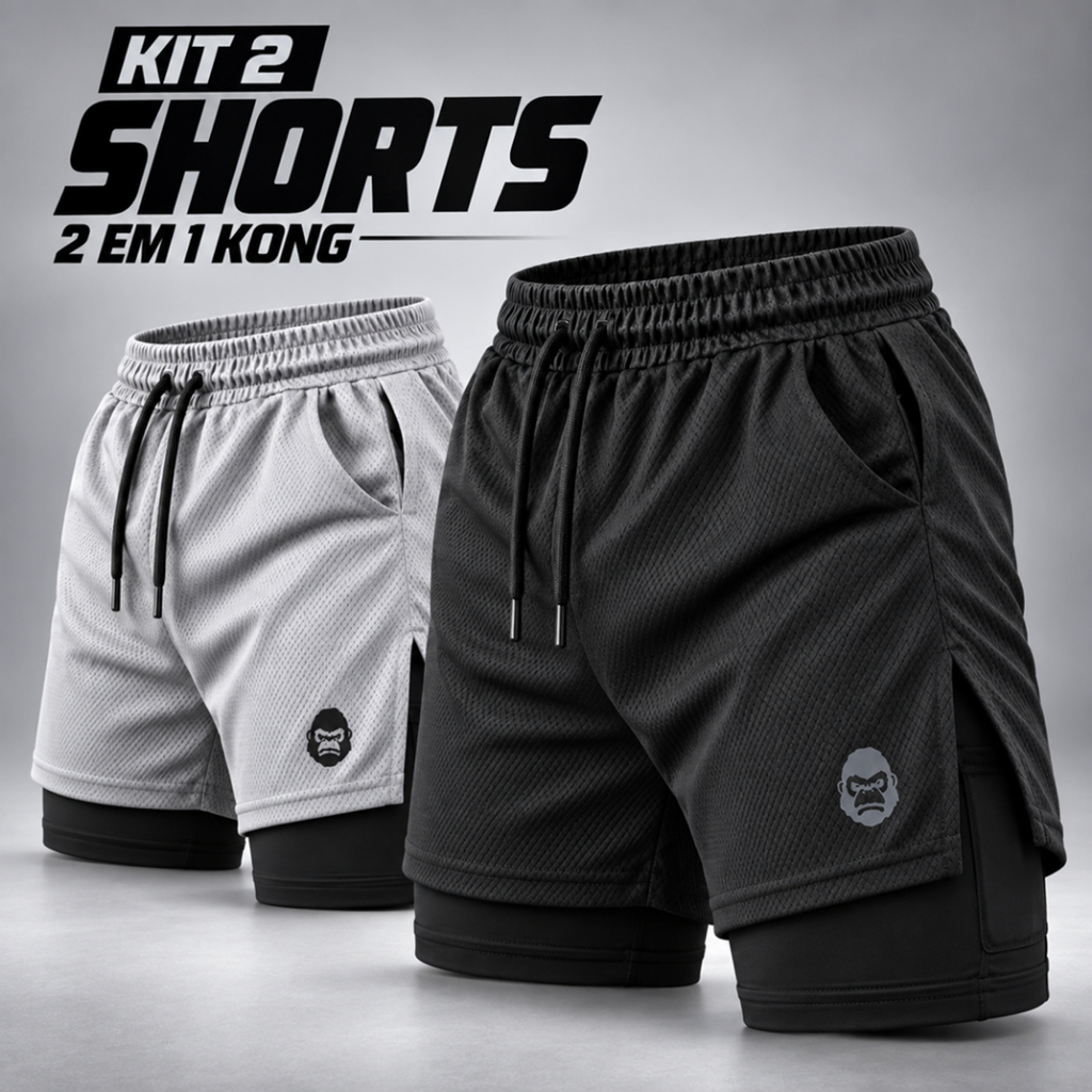 Kit 2 Shorts Masculino Kong 2 em 1 com Compressão, Bolso para Celular e Tecido Dry Fit
