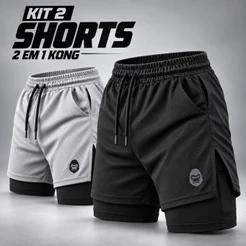 Kit 2 Shorts Masculino Kong 2 em 1 com Compressão, Bolso para Celular e Tecido Dry Fit