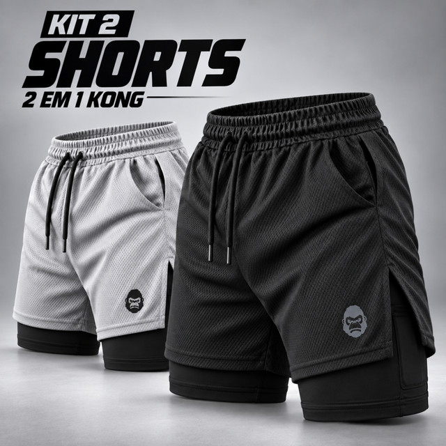 Kit 2 Shorts Masculino Kong 2 em 1 com Compressão, Bolso para Celular e Tecido Dry Fit
