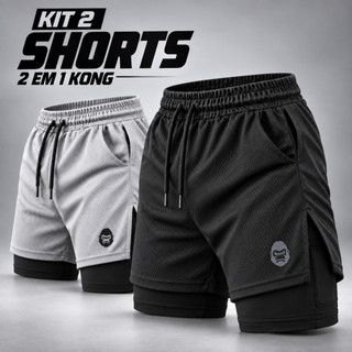 Kit 2 Shorts Masculino Kong 2 em 1 com Compressão, Bolso para Celular e Tecido Dry Fit