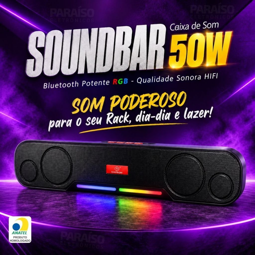 Soundbar Home Theater e Caixa de Som 50W Bluetooth Potente Premium Ideal para TV, Smartphone, PC Gamer Kapbom