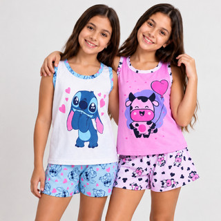 Pijama Infantil Verão Estampado Personagens Menina Kids Criança Malha Roupa de Dormir