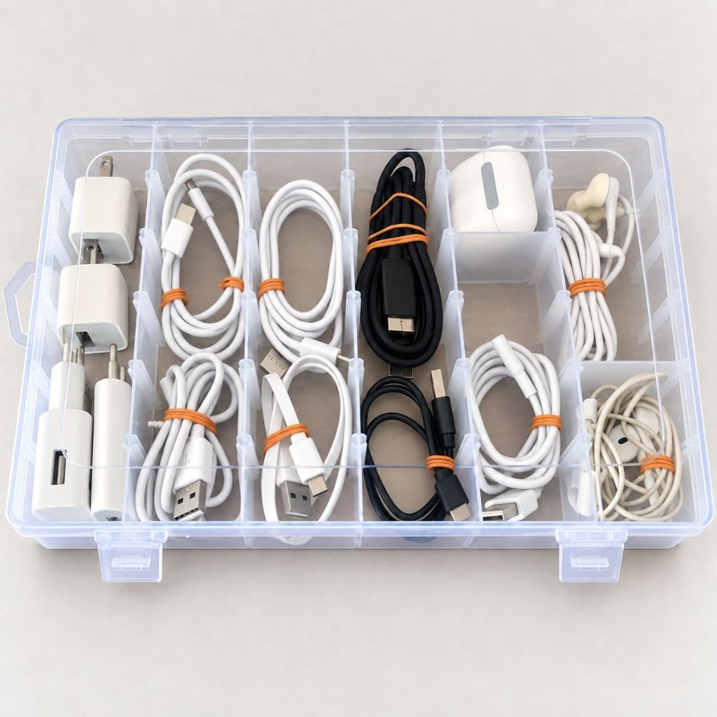 Caixa Organizadora de Cabos  Fios e Eletrônicos  Pen Drive Case Box 36 Divisórias Ajustáveis Transparente