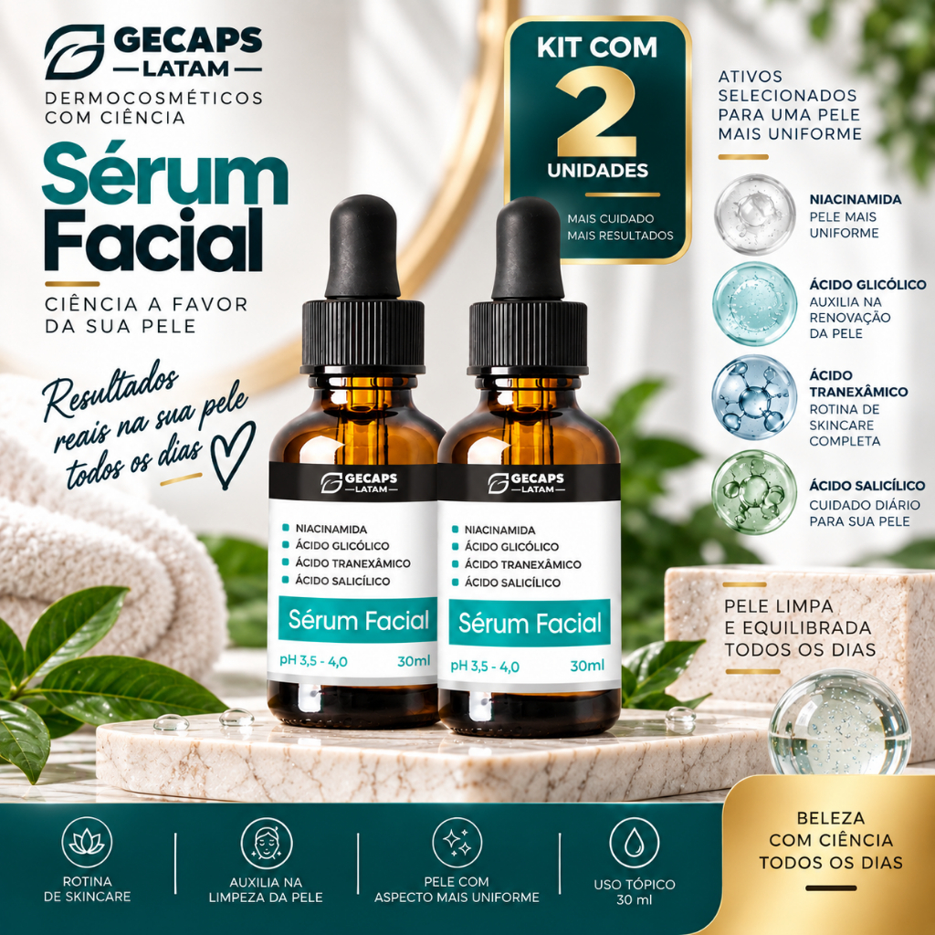 Kit 2x Sérum Clareador  30ml Niacinamida + Glicólico + Ácido Tranexâmico- Ácido Salicílico