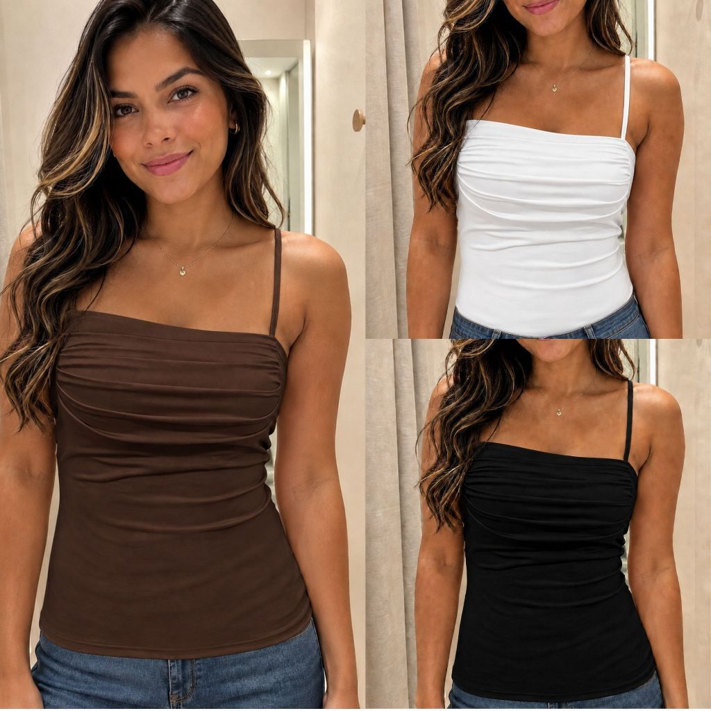Regata blusinha Feminina Plissada de alcinha Fina tecido suplex com toque de poliamida tecido duplo