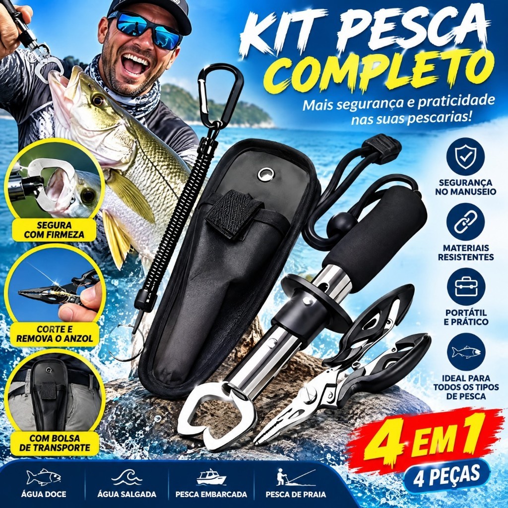 Kit 3/4 Peças Pegador Alicate Pesca Inox Multifuncional Controle Lábio Peixe Tesoura Linha Capa Corda Pesca Doce Mar