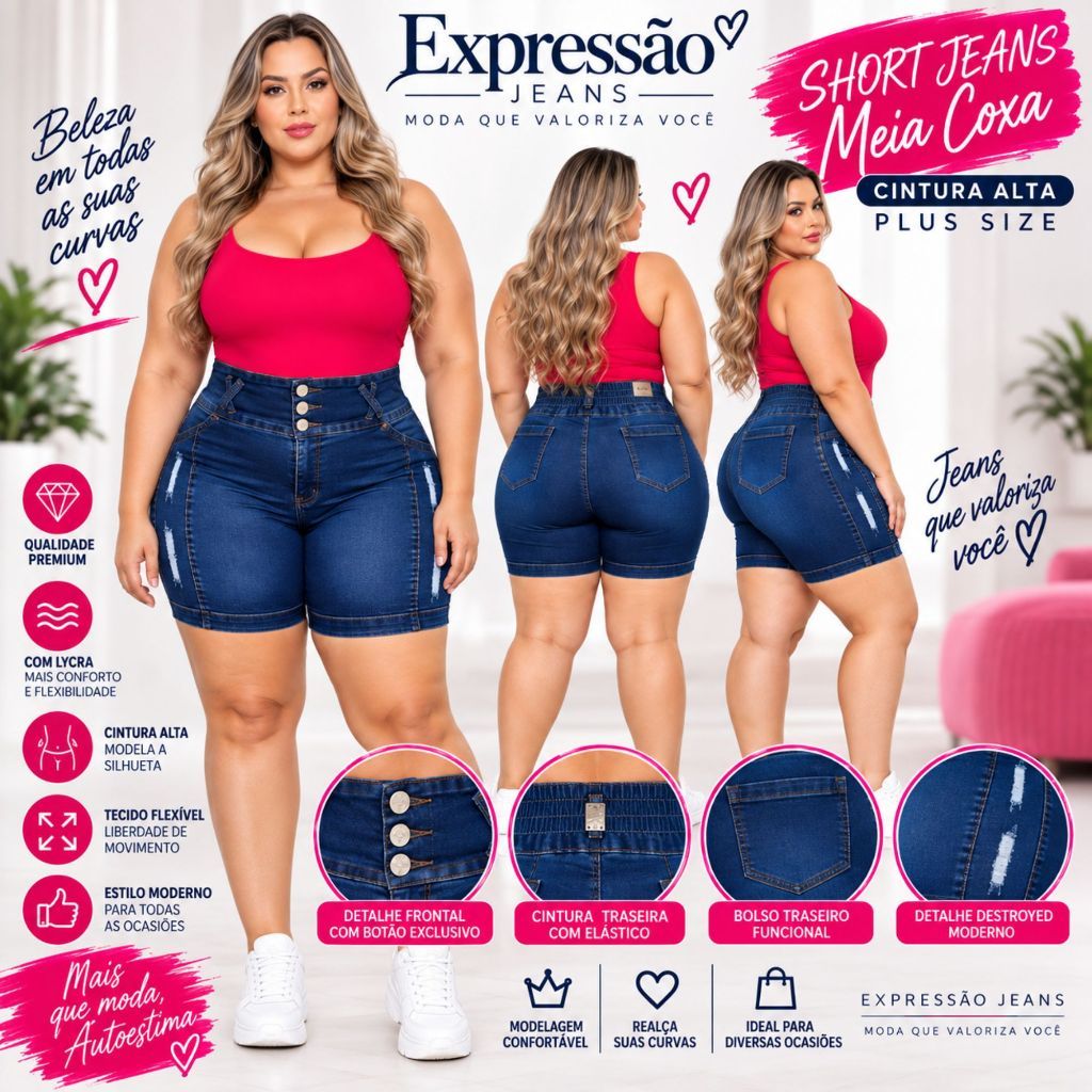 Short Jeans Feminino Plus Size Cintura Alta Lycra Meia Coxa 46 - 56