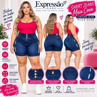 Short Jeans Feminino Plus Size Cintura Alta Lycra Meia Coxa 46 - 56