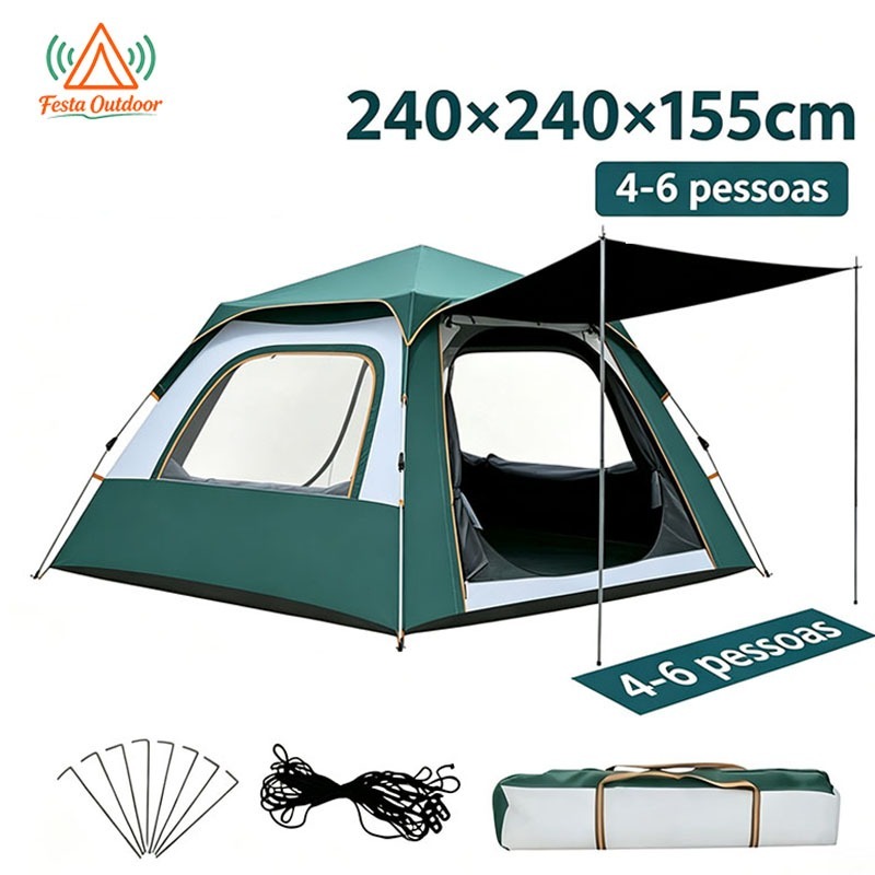 Festa Barraca De Acampamento 6 Pessoas Barraca Camping Grande Dupla Camada Impermeável Anti-UV Ventilação Lateral