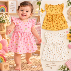 Vestido de Verão em Tricoline para Bebê Menina Estampado Leve até 12 Meses