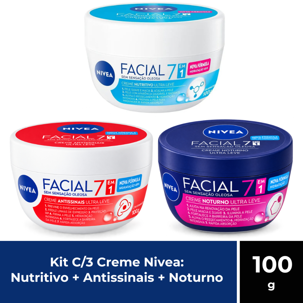 Kit Creme Facial Sensação Não Oleosa Nutritivo + Antissinais + Noturno 100g Nivea - 3 Itens