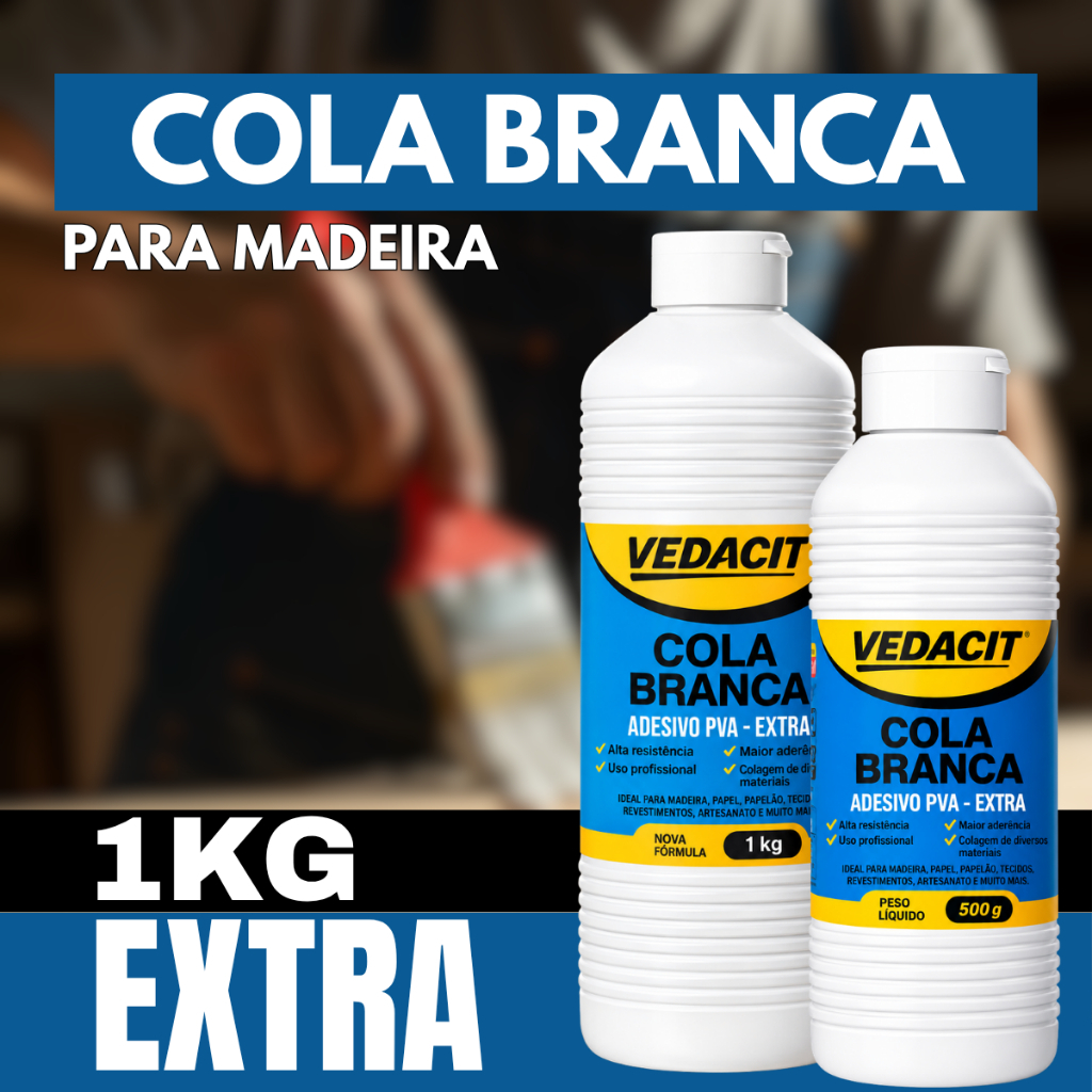 Cola branca madeira pva Extra Universal 1kg forte Mdf Marcenaria Concreto Slime