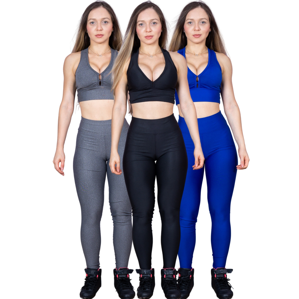 KIT 3 Conjunto Fitness Feminino Top + Calça Legging De Academia Ginástica Suplex promo